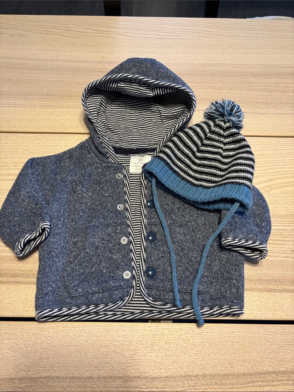next Blue & Navy Hooded Knit Cardigan with Striped Pom Hat